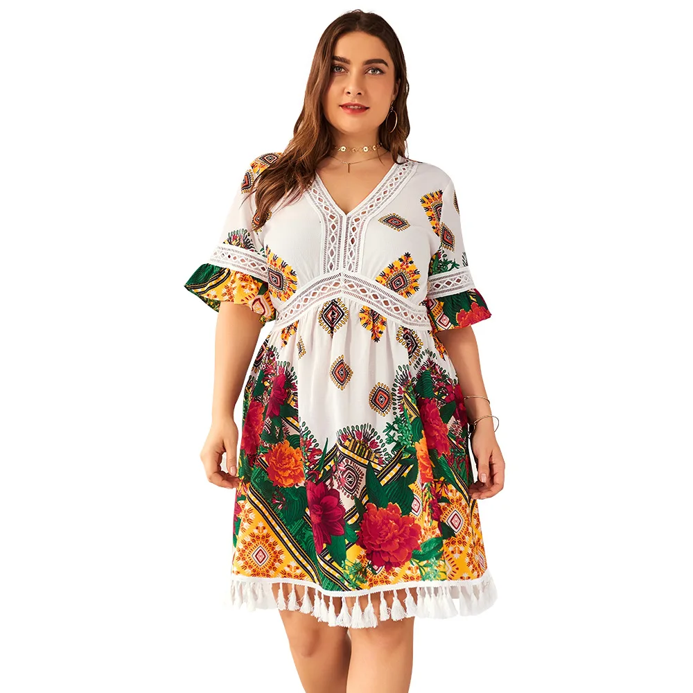 Floral Print Boho Holiday Dress Plus Size Women Summer V Neck Short Sleeve Lace Hollow Out Tassel Midi Dress Tunic Beach Dresses
Floral Print Boho Holiday Dress Plus Size Women Summer V Neck Short Sleeve Lace Hollow Out Tassel Midi Dress Tunic Beach Dresses