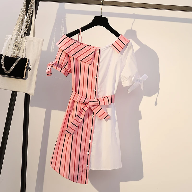 HAMALIEL Plus Size Women Hit Color Dress Summer Short Sleeve Pink White Striped Patchwork Shirt Dress Casual Sashes Loose Dress
HAMALIEL Plus Size Women Hit Color Dress Summer Short Sleeve Pink White Striped Patchwork Shirt Dress Casual Sashes Loose Dress