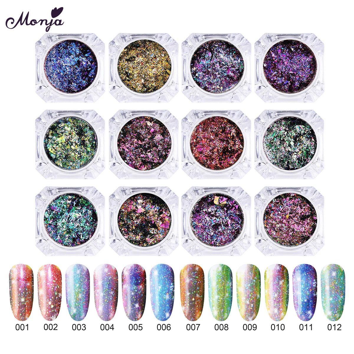 Monja 12 Colors Nail Art Chameleon Powder Glitter Irregular Flakes Holographic Laser Pigment Dust DIY Decorations
Monja 12 Colors Nail Art Chameleon Powder Glitter Irregular Flakes Holographic Laser Pigment Dust DIY Decorations