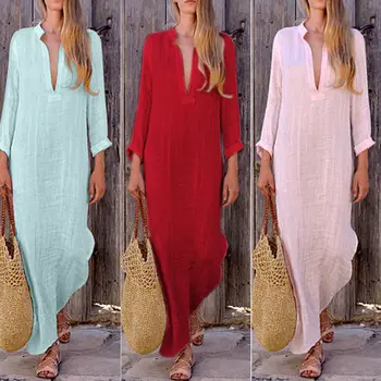 Autumn New Women Long Sleeve Boho Dress Slit Cotton Linen Loose Long Maxi Solid Dress Kaftan V Sundress Fashion
Autumn New Women Long Sleeve Boho Dress Slit Cotton Linen Loose Long Maxi Solid Dress Kaftan V Sundress Fashion