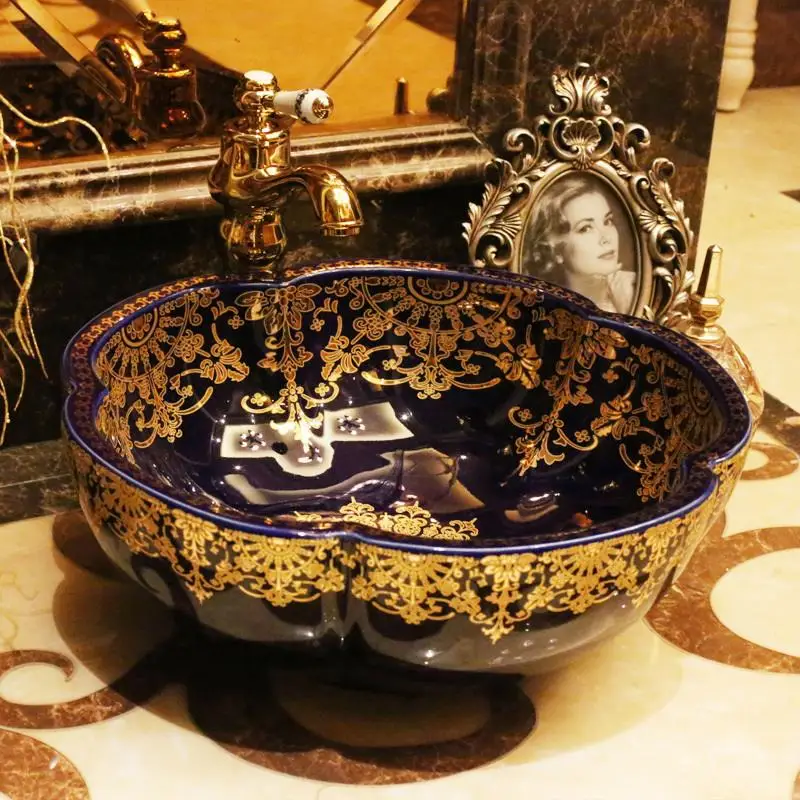 

Europe Vintage Style flower shaped ceramics vanity basin Art Countertop sinks vanity wash basin