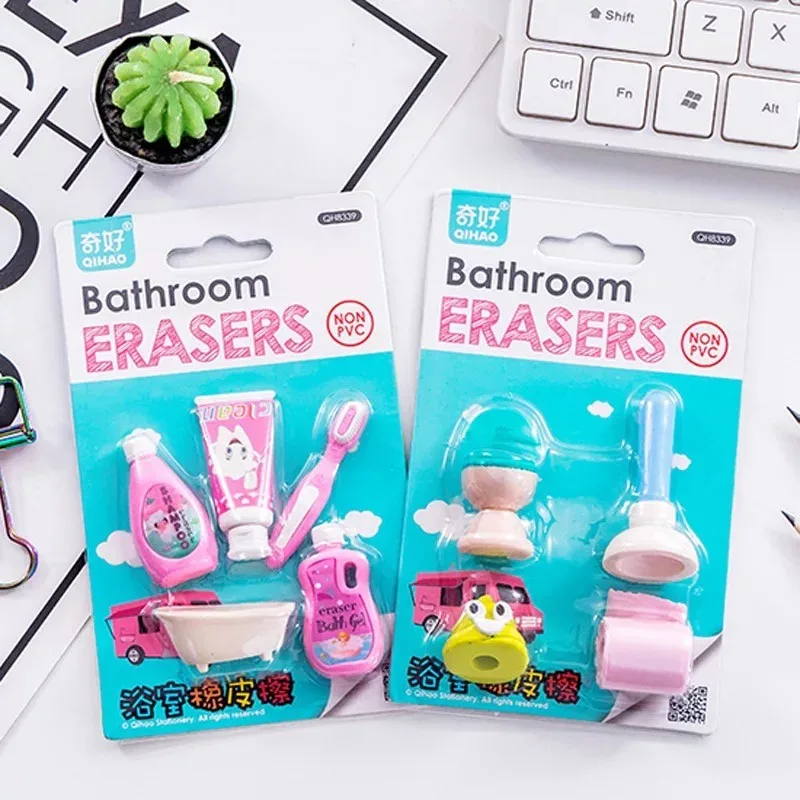 

4pcs/set bathroom series toilet Bath crock toothbrush shape rubber eraser kawaii stationery school supplies papelaria kids gifts