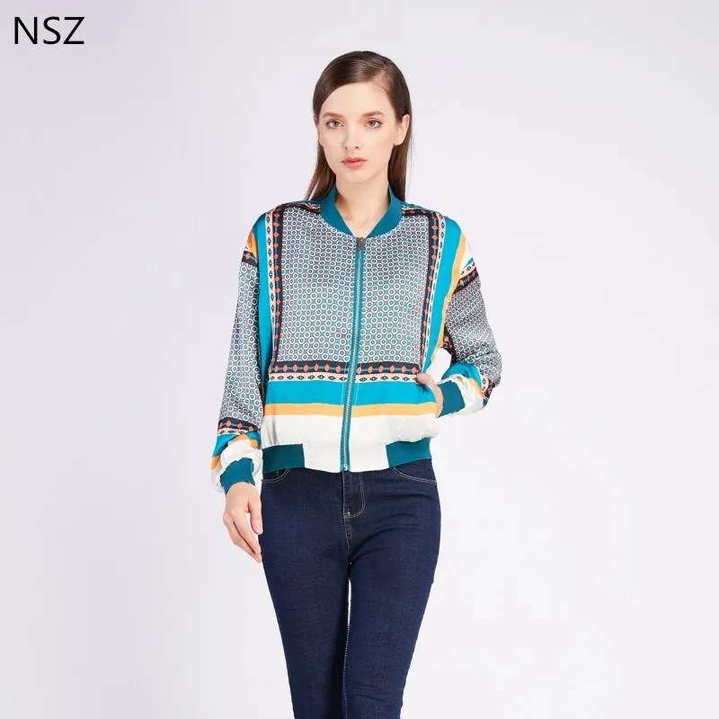 NSZ Women Baseball Jacket Thin Bomber Coat Geometric print Outwear Patchwork Lady Zipper Long Sleeve Clothes Female 2018 Autumn 
NSZ Women Baseball Jacket Thin Bomber Coat Geometric print Outwear Patchwork Lady Zipper Long Sleeve Clothes Female 2018 Autumn