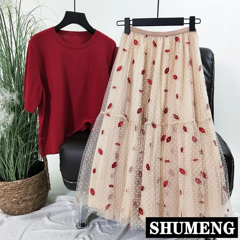 Fairy Women Skirts New Spring and Summer Small Dot Red Lip Embroidery Lotus Leaf Long Mesh Skirt Female Girls
Fairy Women Skirts New Spring and Summer Small Dot Red Lip Embroidery Lotus Leaf Long Mesh Skirt Female Girls