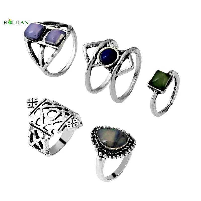 5pcs/set Women fashion ring sets for fingers midi vintage silver hollow boho rings marble stone bohemian jewelry retro female | Украшения и