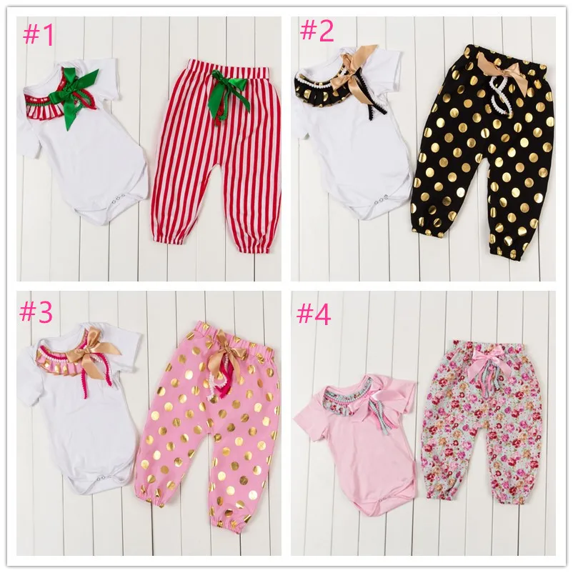 2015 hot selling baby girls Christmas outfit set newborn cute clothing romper pant set Baby pompom Bodysuit