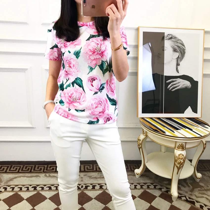 High Quality Red Roosa Rosee 2019 Women's Summer Designer Fashion Red Floral Beading Diamonds Short Sleeve Cotton T-Shirt White
High Quality Red Roosa Rosee 2019 Women's Summer Designer Fashion Red Floral Beading Diamonds Short Sleeve Cotton T-Shirt White