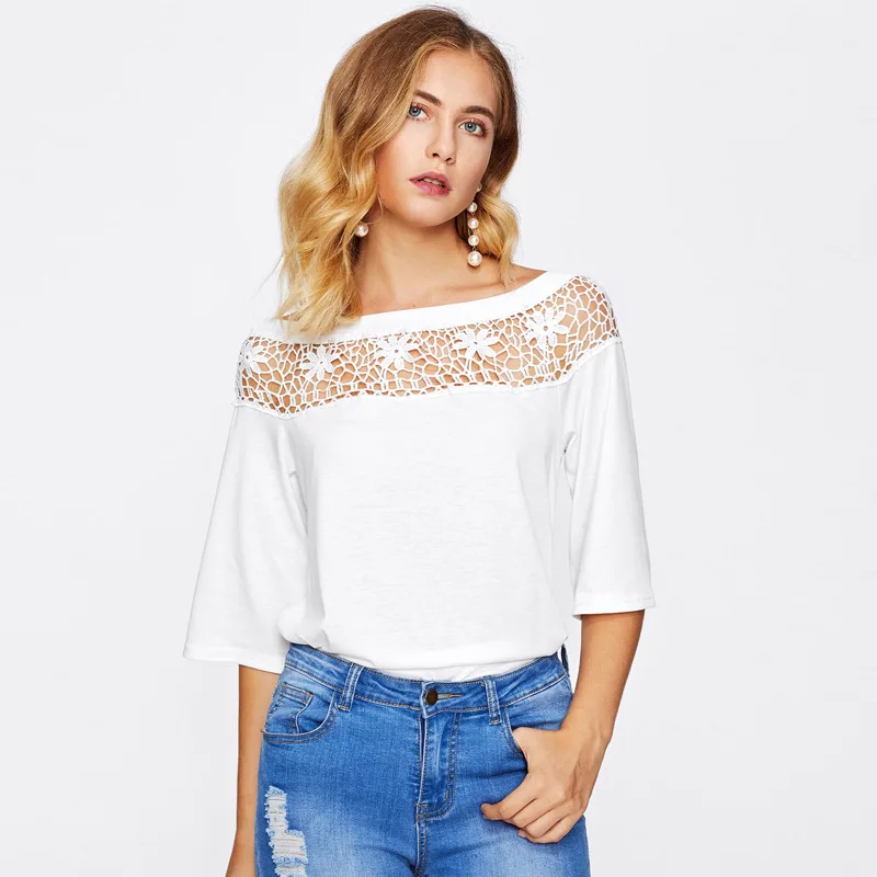 Европа и США 2018 сезон весна лето air quality кружева шить рукава футболка|lace t-shirt|t-shirt