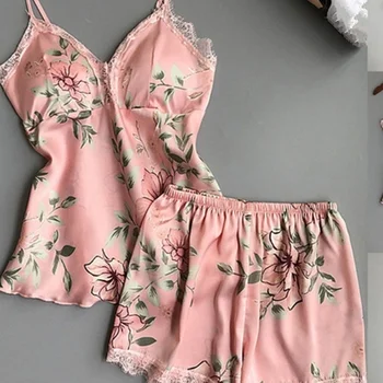 Pink Spaghetti Strap Lace Applique Satin Cami Top and Shorts Pajama Set Fall Womens Sleepwear Pajama Set Pyjamas Women Homewear