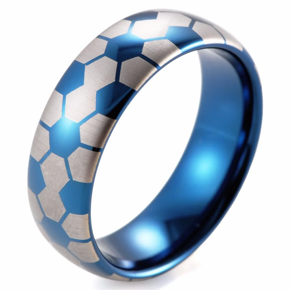 Image 8mm Men s Dome Blue Tungsten Carbide Soccer Ball design ring with white style lasering Wedding Ring for Men