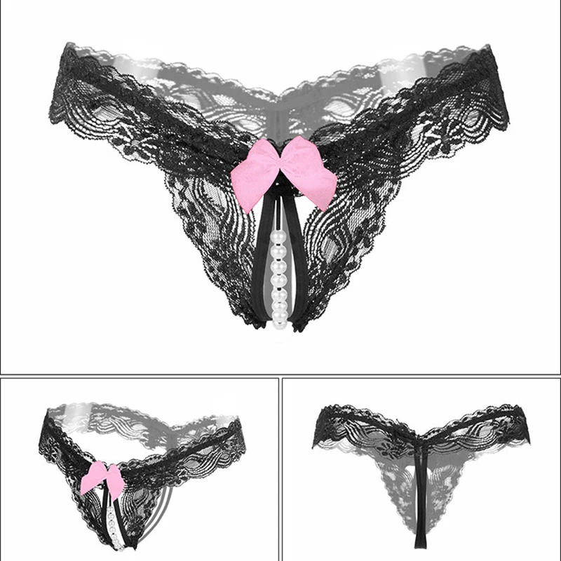 

Erotic Lingerie Panties For Sex Women Thongs And G Strings With Pearls Tangas Lace Bow Briefs Sexy Transparent Underwear 5 Color