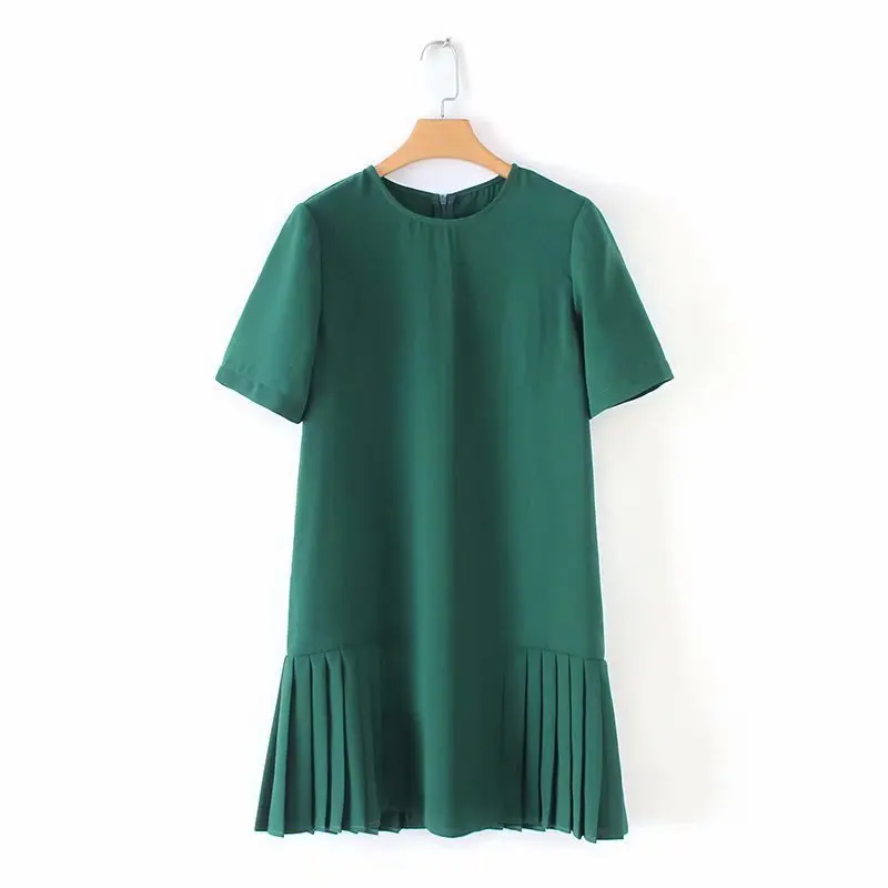 # ZA1-19001-2019 new spring toward women's round collar short sleeve pure color fold dress
# ZA1-19001-2019 new spring toward women's round collar short sleeve pure color fold dress
