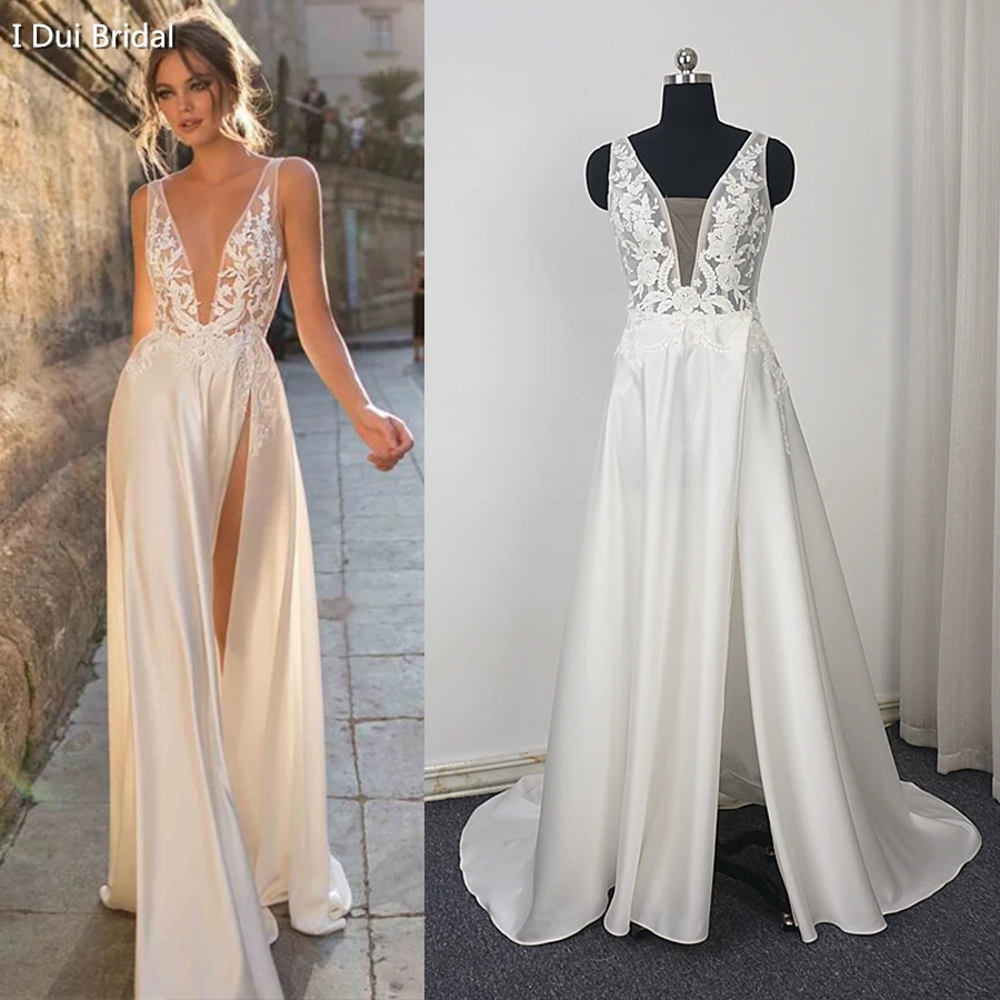 V Neck Lace Satin Wedding Dress with Split Leg Pearl Beaded Lace Appliqued Bridal Gown
V Neck Lace Satin Wedding Dress with Split Leg Pearl Beaded Lace Appliqued Bridal Gown
