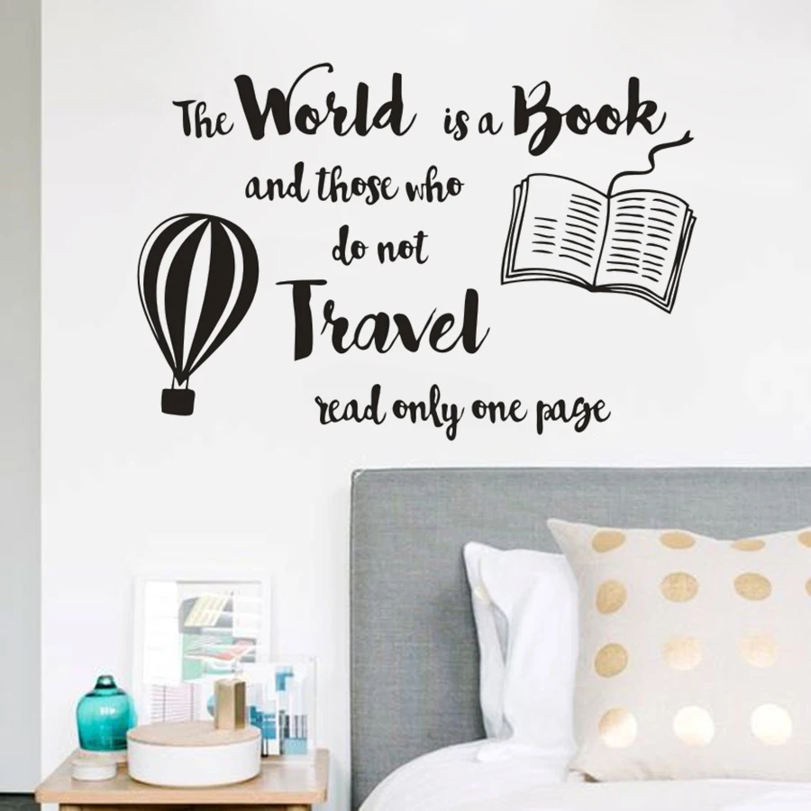 

Book Reading Wall Sticker World Is Book Quote Wall Decals Library Decor Hot Air Balloon Design Vinyl Wall Window Stickers AZ058