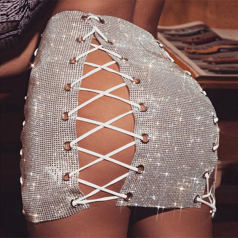 

Luxury Glitter Metal Crystal Diamonds Skirts Women Hollow Out Diamonds Rhinestone Lace Up Sexy Clubwear Nightclub Mini Skirt