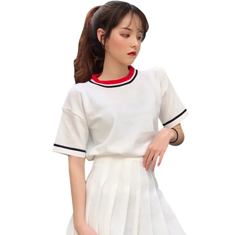 Fashion Sweet Women Casual Color block Short T shirt Femme Sweet Style O Collar Short Sleeve Knitted Tops 2019
Fashion Sweet Women Casual Color block Short T shirt Femme Sweet Style O Collar Short Sleeve Knitted Tops 2019