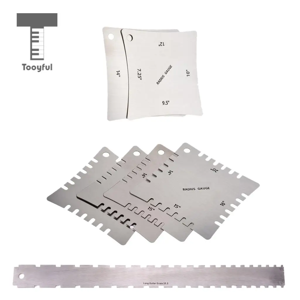 Tooyful Stainless Steel 1x Fretboard Ruler with 6x Radius Gauges Measuring Tools for Guitar Bass Luthier Tool