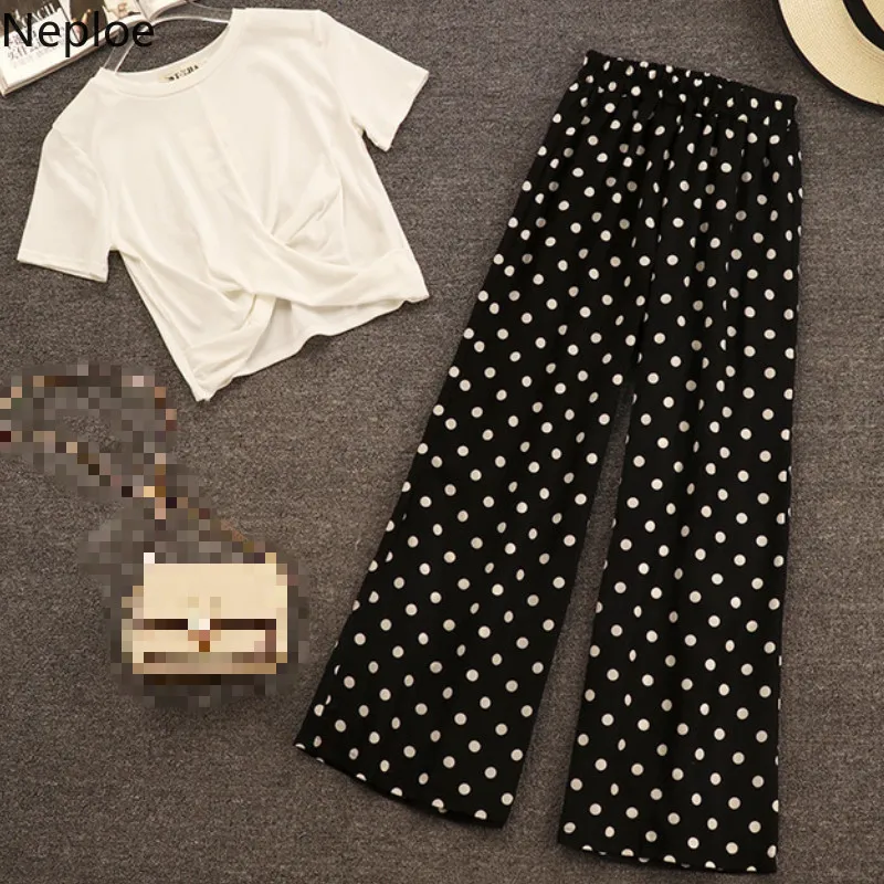 Neploe Spring 2019 Women 2 Piece Outfit Loose Solid O-Neck Short Sleeve Knotting Blouse+Dot Elastic Waist Wide Leg Pants 43301
Neploe Spring 2019 Women 2 Piece Outfit Loose Solid O-Neck Short Sleeve Knotting Blouse+Dot Elastic Waist Wide Leg Pants 43301
