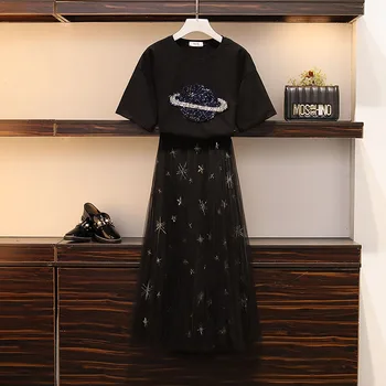 XL-5XL Large Size Women's Sets New Summer Sequin Planet Short Sleeve Tshirts + Embroidery Ultra Long Gauze Skirt Female Suits
XL-5XL Large Size Women's Sets New Summer Sequin Planet Short Sleeve Tshirts + Embroidery Ultra Long Gauze Skirt Female Suits