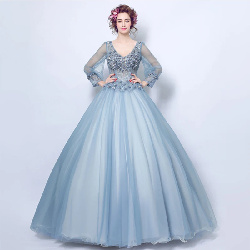 V-neck Illusion Princess Quinceanera Dresses Long Sleeves Puffy Ball Gowns Smoke Blue Vestido Quinceanera Debutante Sweet 16
V-neck Illusion Princess Quinceanera Dresses Long Sleeves Puffy Ball Gowns Smoke Blue Vestido Quinceanera Debutante Sweet 16