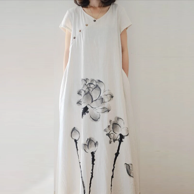 Summer Women Maxi Dress Cotton Linen Printed Floral Chinese Style Large Size Short Sleeve Loose Casual Women Robe YoYiKamomo
Summer Women Maxi Dress Cotton Linen Printed Floral Chinese Style Large Size Short Sleeve Loose Casual Women Robe YoYiKamomo