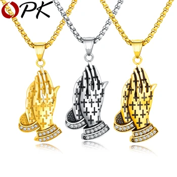 OPK Classic Christian Praying Hands Pendant Clear Zircon Full Cross English Bible Blessing Necklace Stainless Steel 55cm GX1394 
OPK Classic Christian Praying Hands Pendant Clear Zircon Full Cross English Bible Blessing Necklace Stainless Steel 55cm GX1394