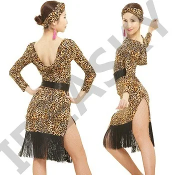 New adult women 5 colors Latin dance long sleeve dance dress tassel Leopard print performance dancewear dresses costumes lady