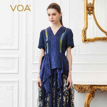 VOA Heavy Silk T Shirt Casual Tee V Neck Slim Tunic Women Tops Summer Ruffles Irregular Short Sleeve Navy Blue Jacquard B326
VOA Heavy Silk T Shirt Casual Tee V Neck Slim Tunic Women Tops Summer Ruffles Irregular Short Sleeve Navy Blue Jacquard B326