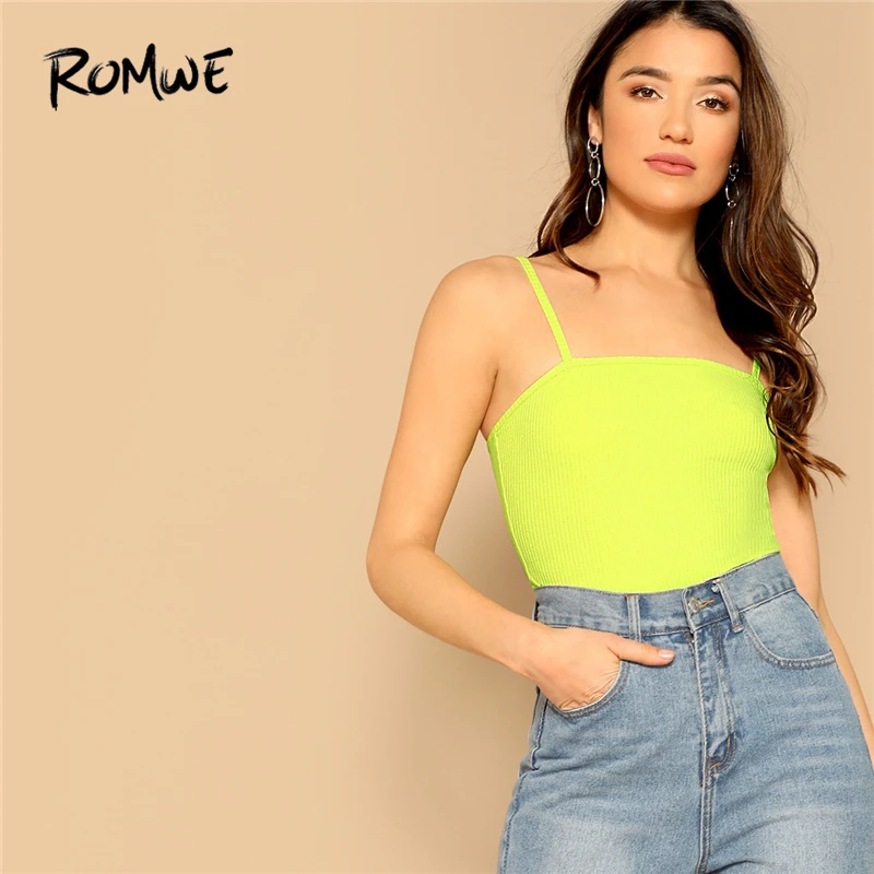 

ROMWE Rib-Knit Neon Lime Cami Top 2019 Summer Sexy Green Women Slim Fit Crop Tops Spaghetti Strap Sleeveless Fitness Vest