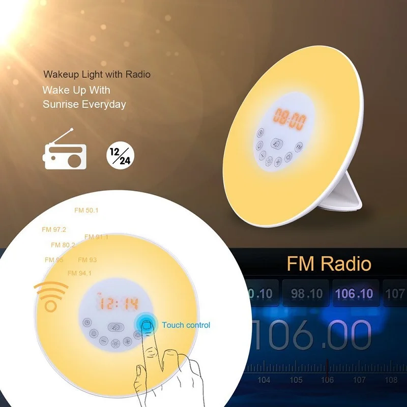 Led Wake Up Alarm Clock with Sunrise Simulation with Nature Or Radio FM RGB Adjustable Color Touch Display Table Lamp Light
Led Wake Up Alarm Clock with Sunrise Simulation with Nature Or Radio FM RGB Adjustable Color Touch Display Table Lamp Light