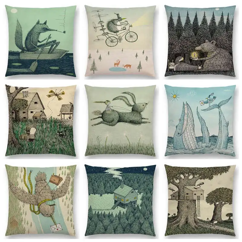 

Hot Sale Sketch Fairy Tales Fantasy Forest Hut Tree House Little Girl Boy Magical Animals Fable World Cushion Sofa Throw Pillow