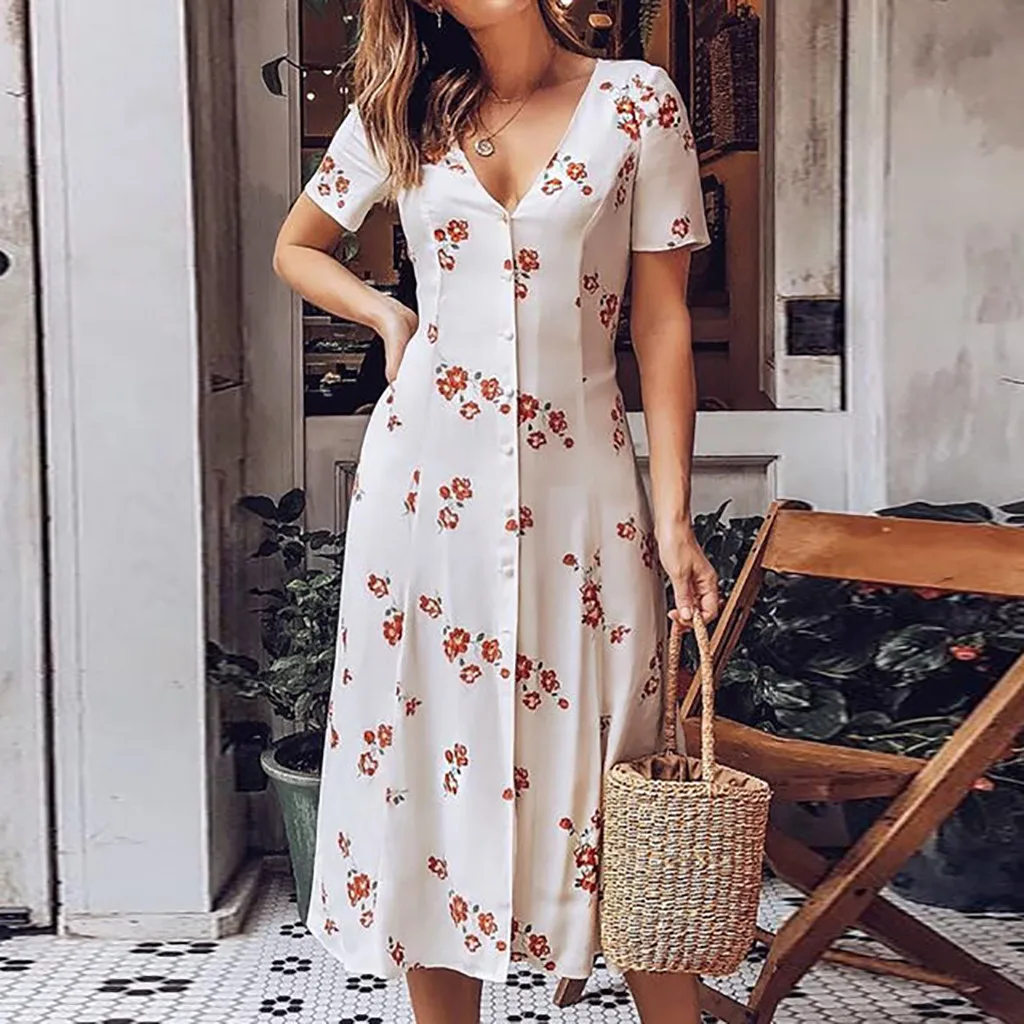 Women's Summer Fashion Casual French Style Floral Print Short Sleeve V-Neck Button Summer Dress Long Boho Mid-Calf Dress 50
Women's Summer Fashion Casual French Style Floral Print Short Sleeve V-Neck Button Summer Dress Long Boho Mid-Calf Dress 50
