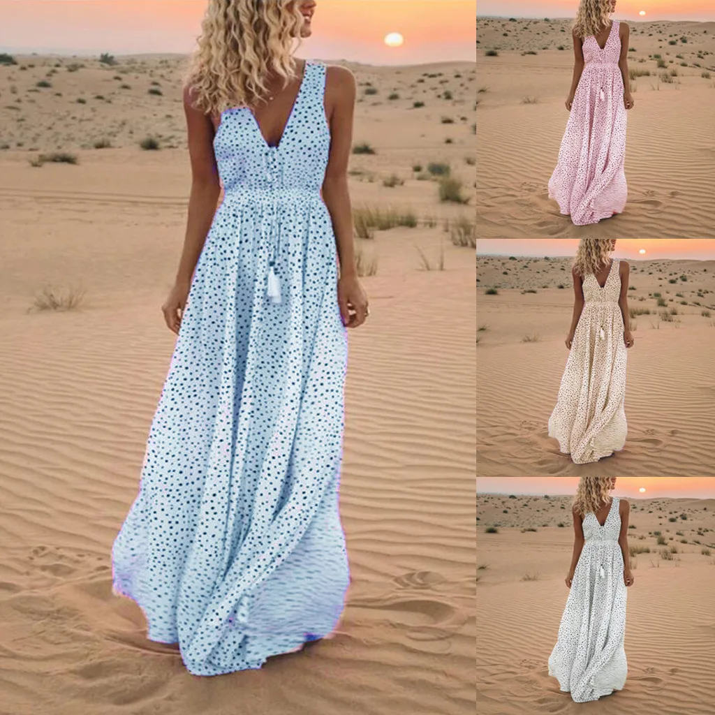 Women Summer Sleeveless Dot Print Tassels Deep V Neck Long Beach Maxi Dress W521
Women Summer Sleeveless Dot Print Tassels Deep V Neck Long Beach Maxi Dress W521