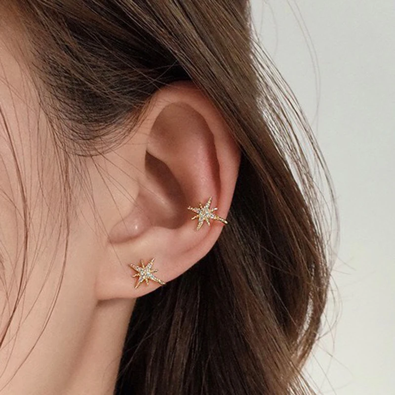 Fashion Clip on Earrings for Girls Women Pentagram Hexagram Dangle Jewelry Five Star Non Pierced Ear