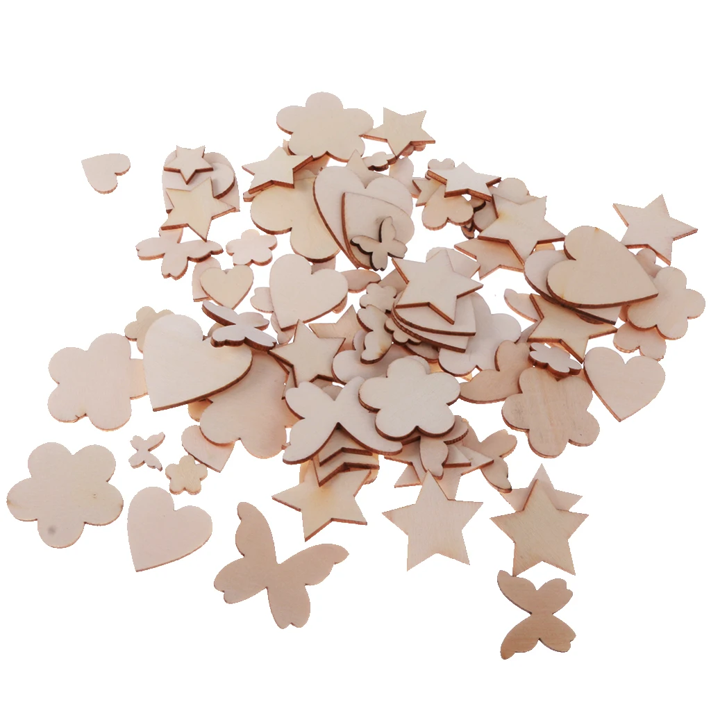 200pcs Assorted Shapes Natural Wooden Craft Embellishments MDF Wood Cutout Scrapbooking for DIY Art Wedding Decoration
