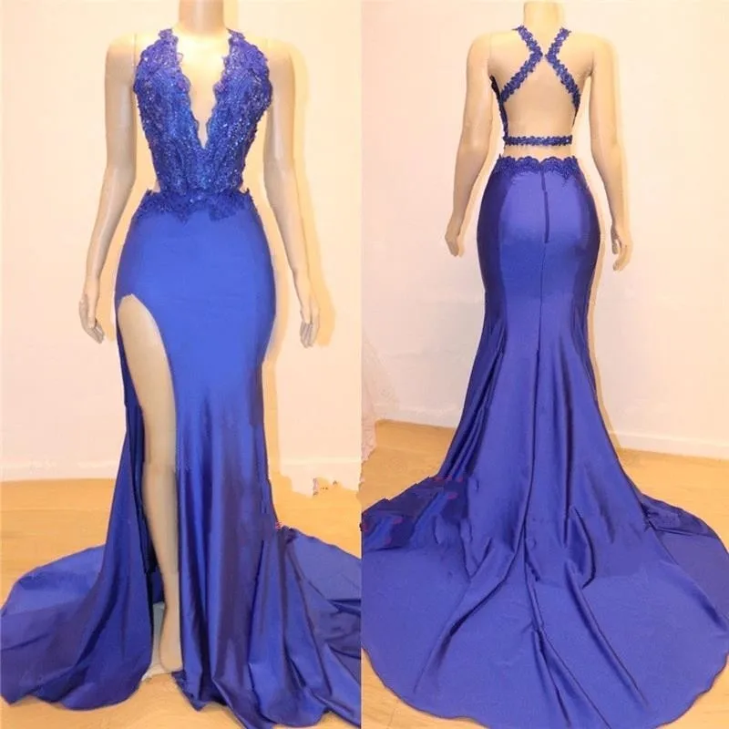 261Sexy Royal Blue Mermaid Prom Dresses 2019 Sleeveless Appliques Lace High Slit Backless Women Evening Party Gowns Black Girls