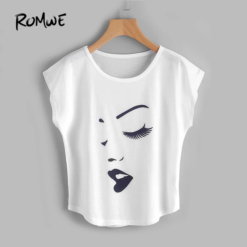 ROMWE Face Print Front Cap Sleeve Curved Hem T Shirt Summer Short Sleeve Casual Top White Graphic Round Neck T-Shirt
ROMWE Face Print Front Cap Sleeve Curved Hem T Shirt Summer Short Sleeve Casual Top White Graphic Round Neck T-Shirt