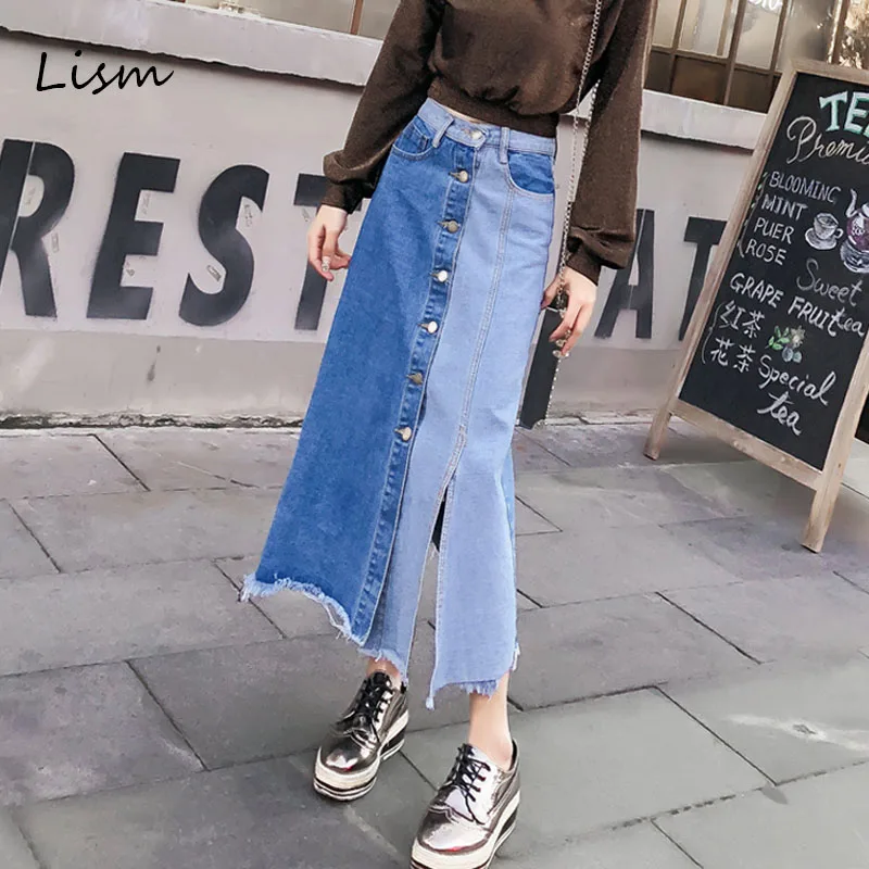 LISM Fashion Patchwork Color Long Denim Skirts Womens 2019 Single Breasted Irregular Split Summer Vintage Jeans Skirt Outwear
LISM Fashion Patchwork Color Long Denim Skirts Womens 2019 Single Breasted Irregular Split Summer Vintage Jeans Skirt Outwear