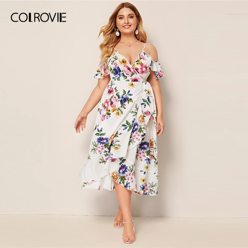 

COLROVIE Plus Floral Print Ruffle Hem Wrap Belted Dress Women Cold Shoulder Boho Dresses 2019 Summer Sexy V neck Long Dresses