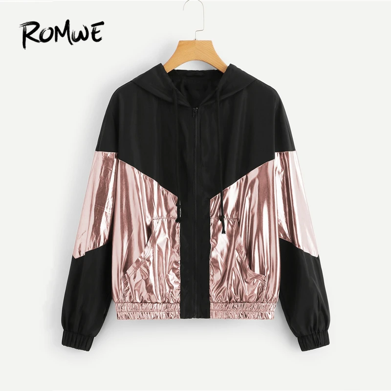 ROMWE Pocket Front Metallic Hoodie Jacket 2019 New Designer Zipper Jackets Glamorous Women Spring Autumn Colorblock Jackets
ROMWE Pocket Front Metallic Hoodie Jacket 2019 New Designer Zipper Jackets Glamorous Women Spring Autumn Colorblock Jackets