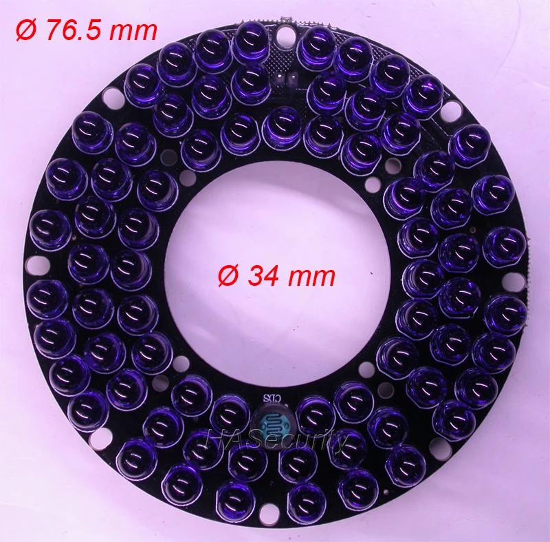 Infrared 72x (5mm) IR LED board night vision for CCTV IP AHD CVBS camera PCB module (diameter outer : 76.5mm / inner 34mm)
Infrared 72x (5mm) IR LED board night vision for CCTV IP AHD CVBS camera PCB module (diameter outer : 76.5mm / inner 34mm)