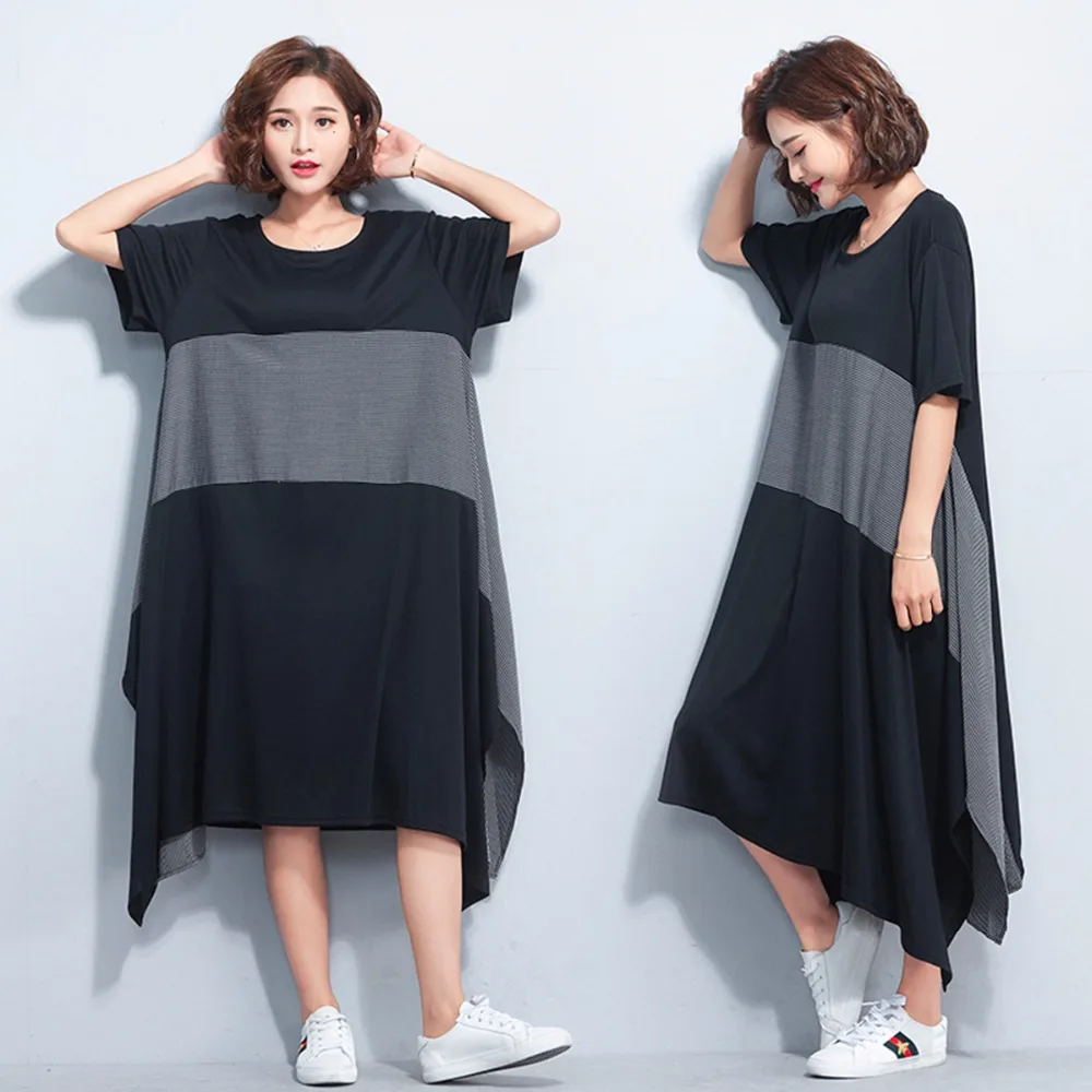 Plus Size 2018 Summer Women European Fashion Print Tops Ladies Female Big Swing Short Sleeve Loose Irregular Color Block Dress
Plus Size 2018 Summer Women European Fashion Print Tops Ladies Female Big Swing Short Sleeve Loose Irregular Color Block Dress