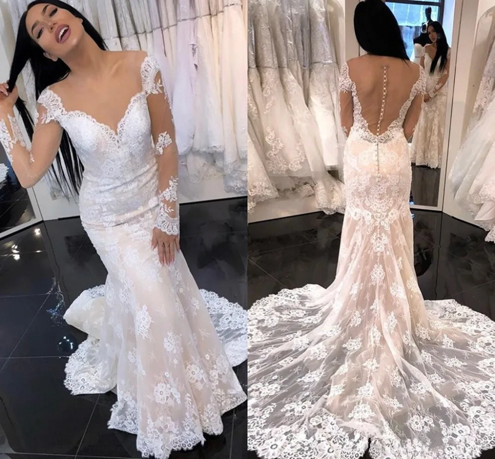 Long Sleeve weeding Dresses Scoop Lace Appliques Elegant Country Wedding dress Mermaid bridal Button Sheer Back abiti da sposa
Long Sleeve weeding Dresses Scoop Lace Appliques Elegant Country Wedding dress Mermaid bridal Button Sheer Back abiti da sposa