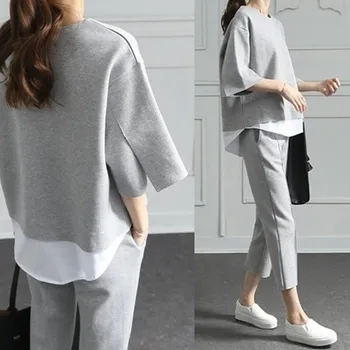 2019 Autumn Casual O-Neck Fake Two Pieces Top 3/4-Length Pants Two-piece Sets Loose Splits Sleeve Cotton Suits 2 Piece Set Women
2019 Autumn Casual O-Neck Fake Two Pieces Top 3/4-Length Pants Two-piece Sets Loose Splits Sleeve Cotton Suits 2 Piece Set Women