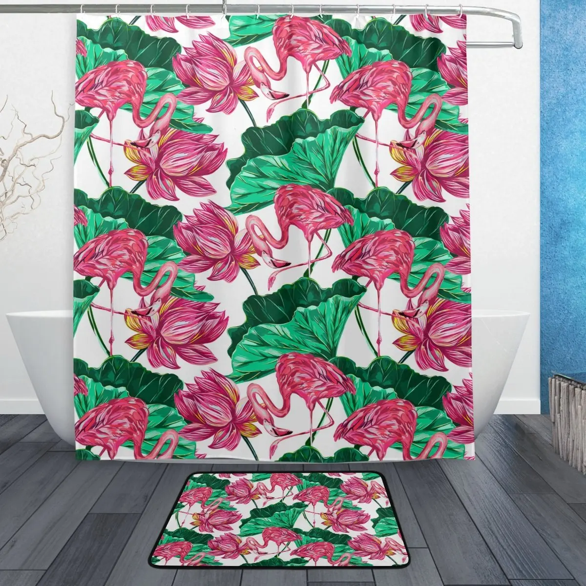 Pink Flamingos with Tropical Lotus Flowers Waterproof Polyester Fabric Shower Curtain Set with 12 Hooks and Bath Mats Rugs Set
Pink Flamingos with Tropical Lotus Flowers Waterproof Polyester Fabric Shower Curtain Set with 12 Hooks and Bath Mats Rugs Set