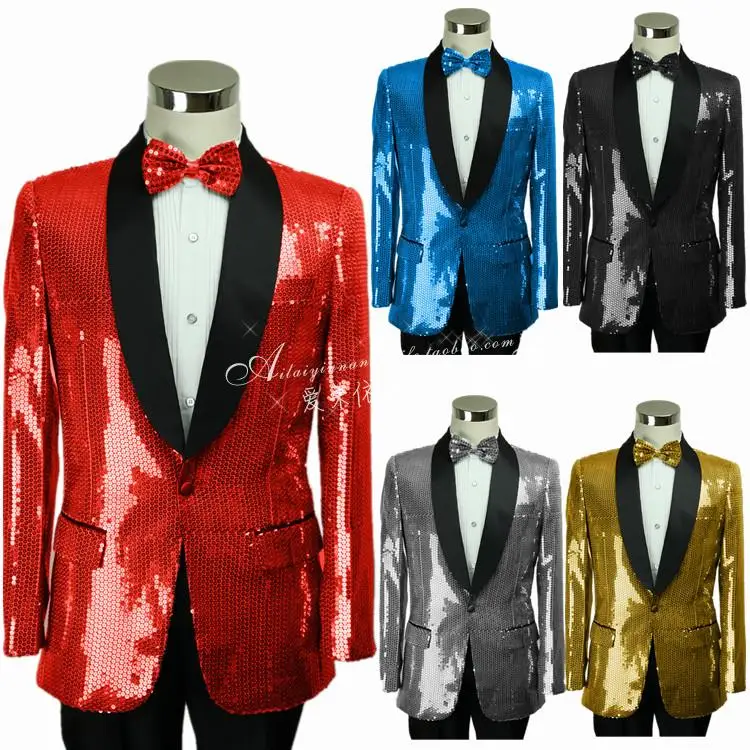 New Brand Shawl Collar Sequins Men Suits Red Blue Wedding Blazers Bluck Golden Male Tuxedo Slim Men Dress Business Jacket+Pants
New Brand Shawl Collar Sequins Men Suits Red Blue Wedding Blazers Bluck Golden Male Tuxedo Slim Men Dress Business Jacket+Pants