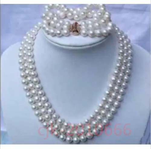 2017 spring 3 row strands AAA+ 9-10mm white pearl necklace / bracelet 925silver