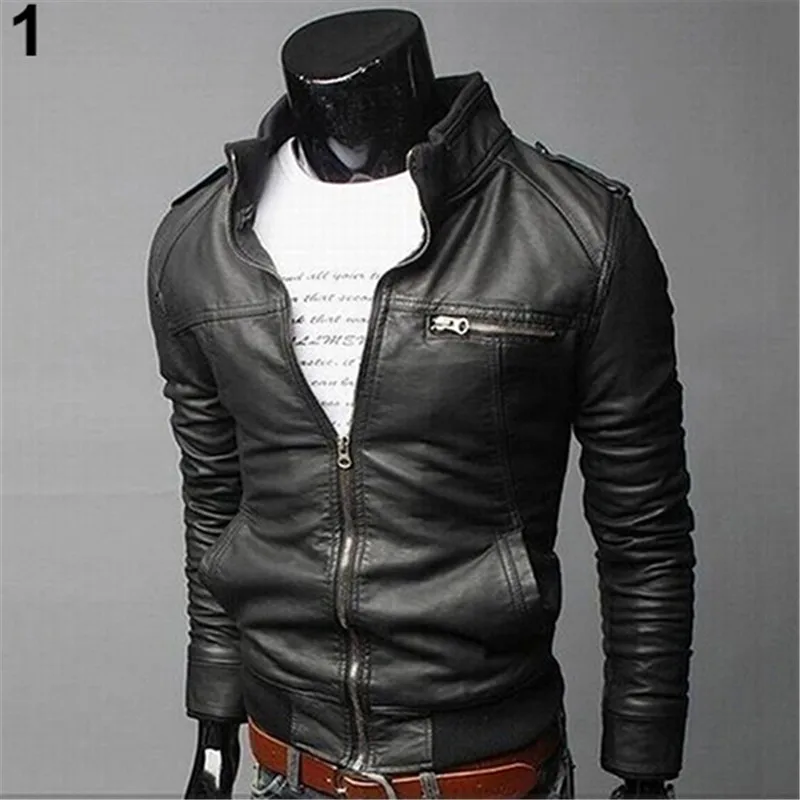 Image Men Winter Fashion Cool Zipper Pocket Faux Leather Bomber Jacket Coat Outerwear