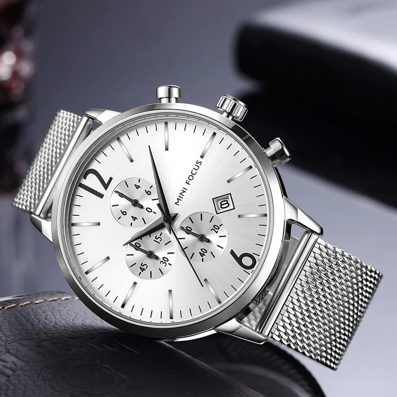 MINI FOCUS Men Classic Quartz Watches Stainless Steel Mesh Bracelet Chronograph Waterproof Wristwatch Man Relogios 0185G Silver
MINI FOCUS Men Classic Quartz Watches Stainless Steel Mesh Bracelet Chronograph Waterproof Wristwatch Man Relogios 0185G Silver