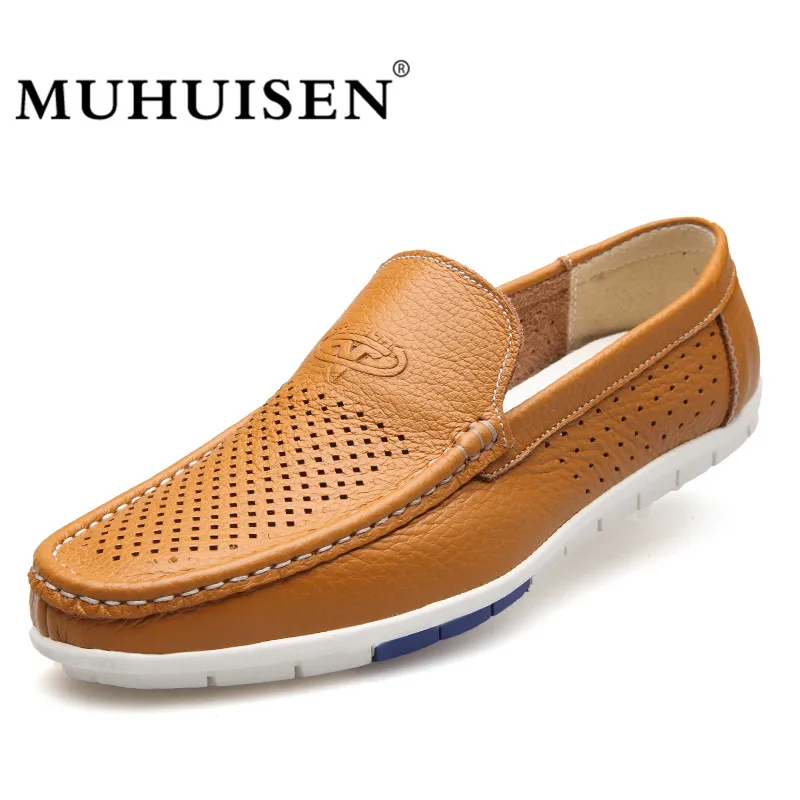 

MUHUISEN Men Loafers Summer Casual Boat Shoes Fashion Genuine Leather Slip On Driving Shoes Hollow Out Flats Breathable Shoes